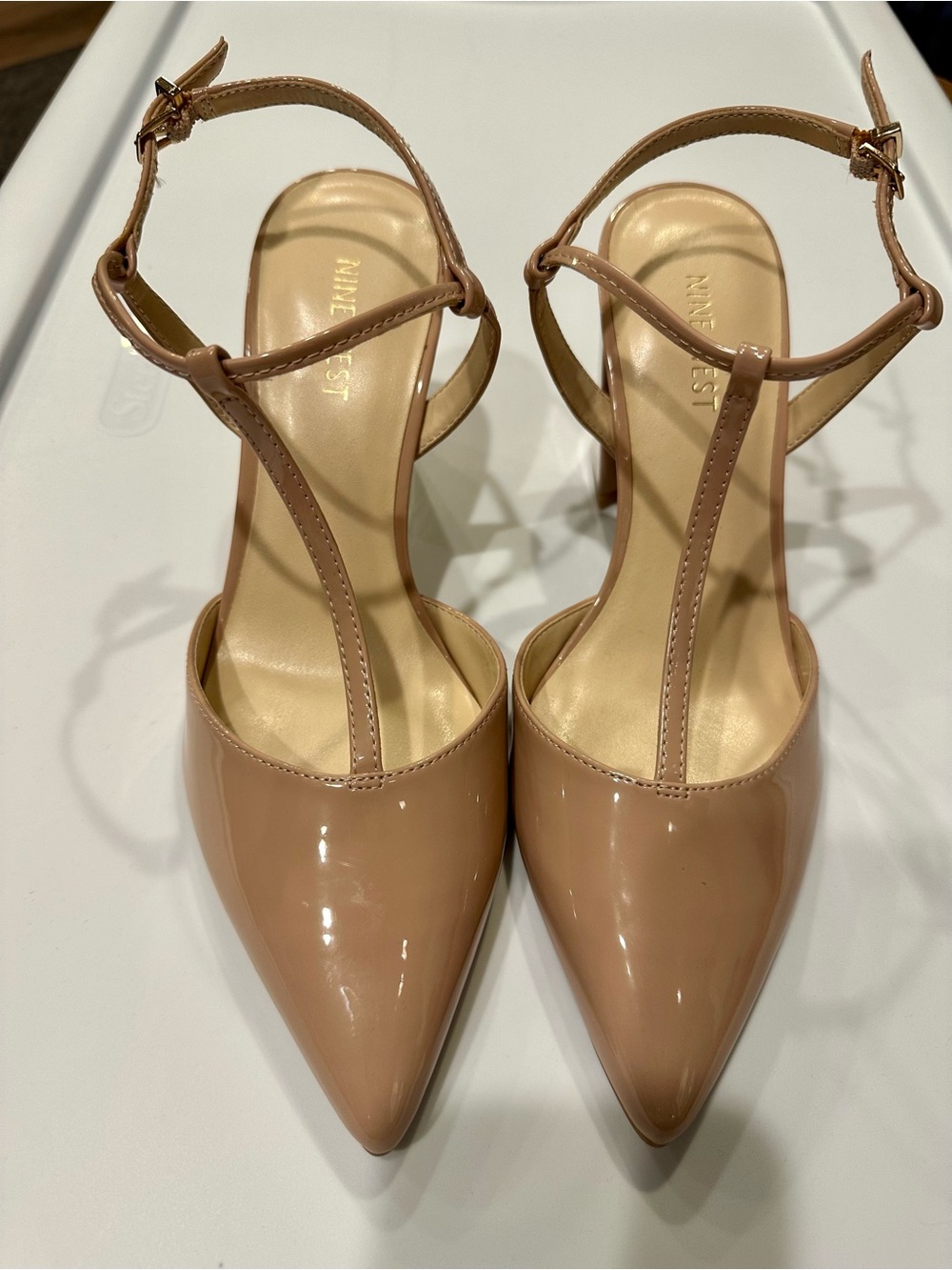 Nine West Rowen T-Strap Slingback Pump Patent Nude Heels Size 8.5